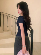 Solid Color Short Sleeve Ruched Side Split Bodycon Waist T-Shirt