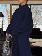 Solid Color Zipper Half Placket Dropped Shoulder Long Sleeve Sweatshirt And Loose Casual Pants 2 Pieces Set