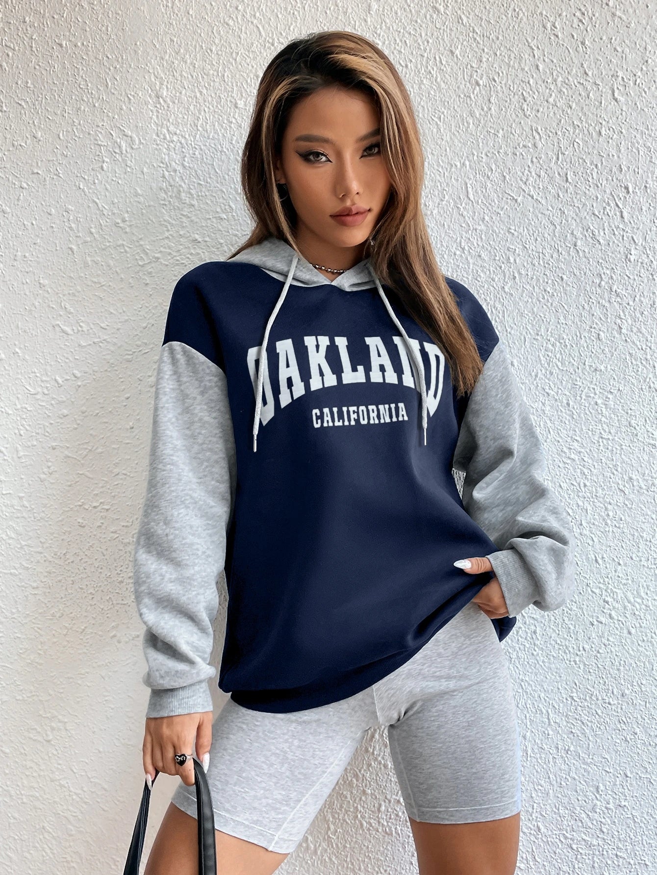 Letter Graphic Colorblock Drop Shoulder Drawstring Thermal Hoodie, Long Sleeve