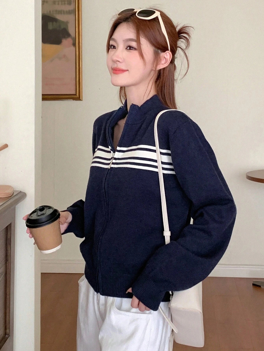 Color Block Striped High Neck Long Sleeve Zip Up Cardigan For Women,Fall Women Clothes Jacket