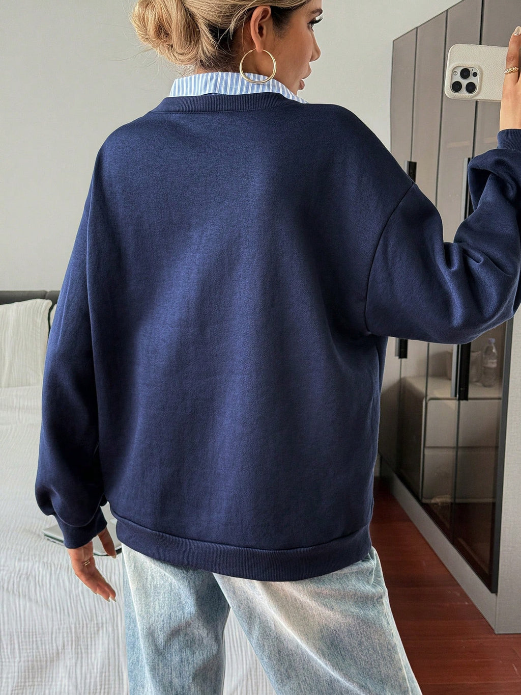 Letter & Stripe Print Patchwork Thermal Lined Sweatshirt
