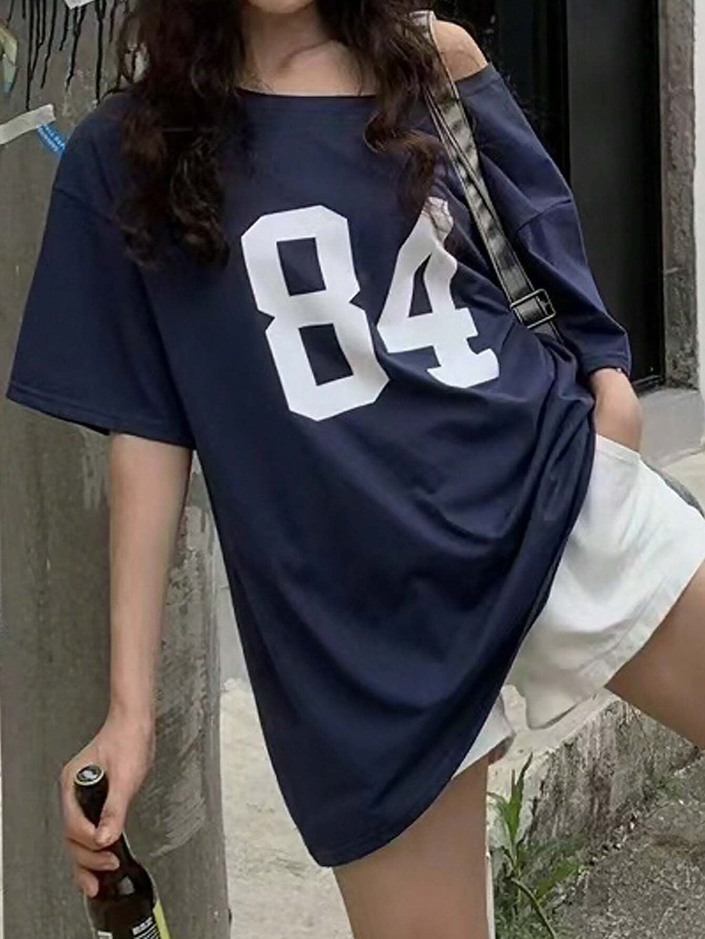 Numeric Print Asymmetric Collar Loose Casual T-Shirt, Summer Graphic Tees
