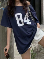 Numeric Print Asymmetric Collar Loose Casual T-Shirt, Summer Graphic Tees
