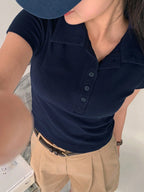 Collared Half-Zip Form-Fitting Short Sleeve T-Shirt