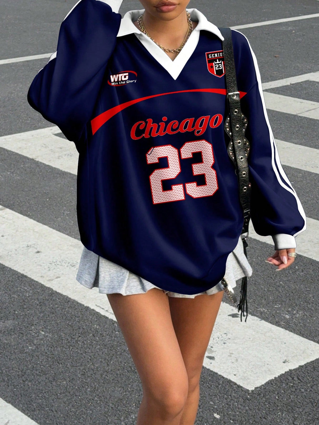 Casual Contrast Color Polo Collar Long Sleeve Loose T-Shirt