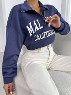 Letter Graphic Half Zip Drop Shoulder Thermal Lined Sweatshirt