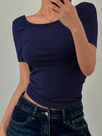 Casual Solid Color Short Sleeve Slim Fit T-Shirt,Halter Top