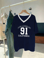 European Cup Number Printed Loose V-Neck T-Shirt, Street Style Sports Slogan