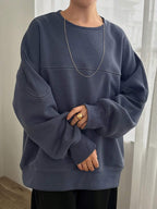 Round Neck Contrast Color Loose Oversized Pullover Sweatshirt, Autumn & Winter