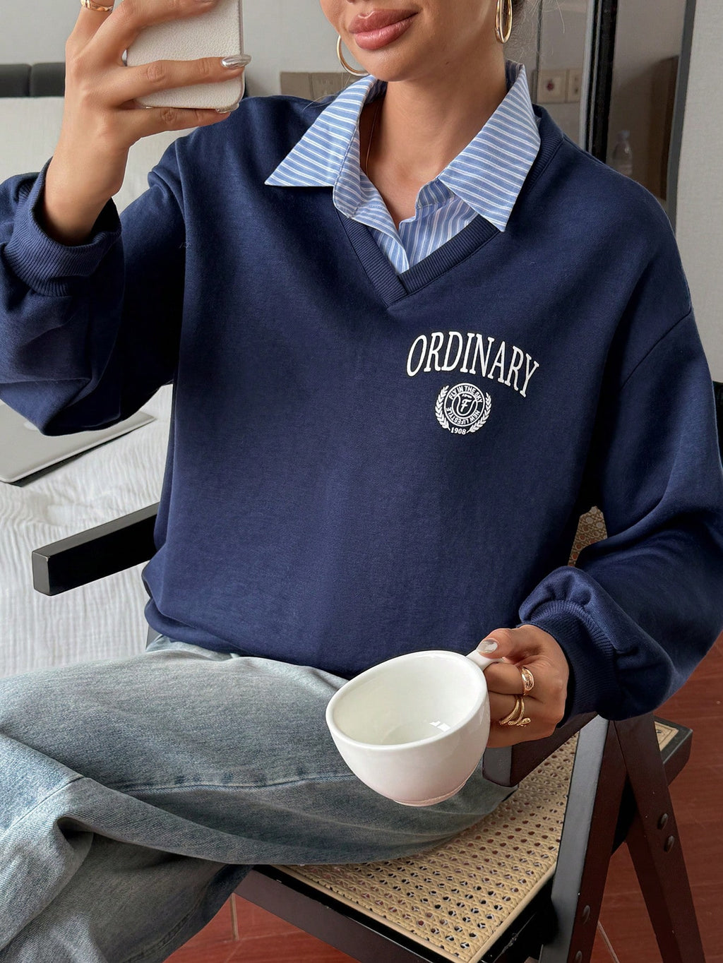 Letter & Stripe Print Patchwork Thermal Lined Sweatshirt
