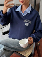 Letter & Stripe Print Patchwork Thermal Lined Sweatshirt
