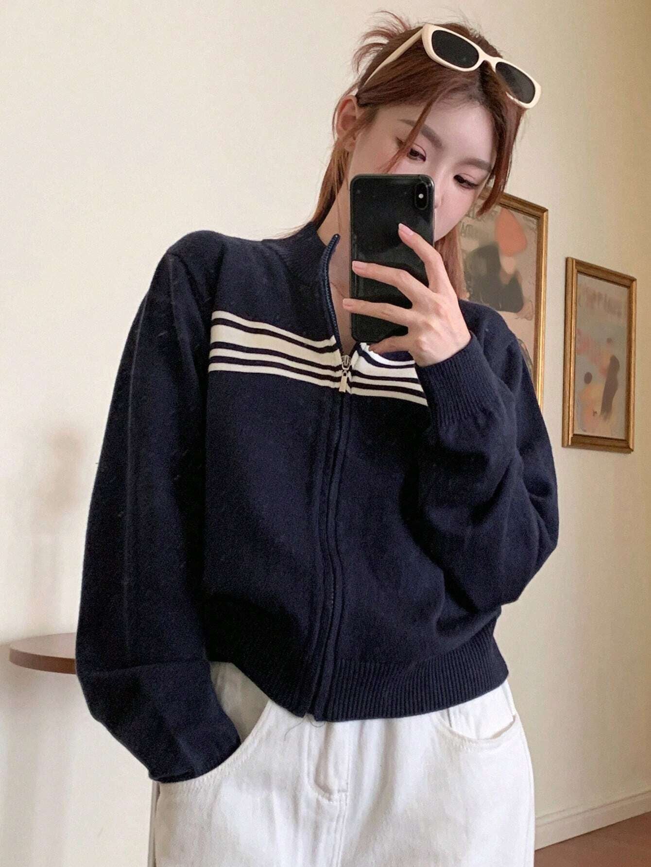 Color Block Striped High Neck Long Sleeve Zip Up Cardigan For Women,Fall Women Clothes Jacket