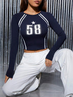 Number Print Raglan Sleeve Crop Tee