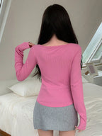Solid Color Square Neck Long Sleeve T-shirt