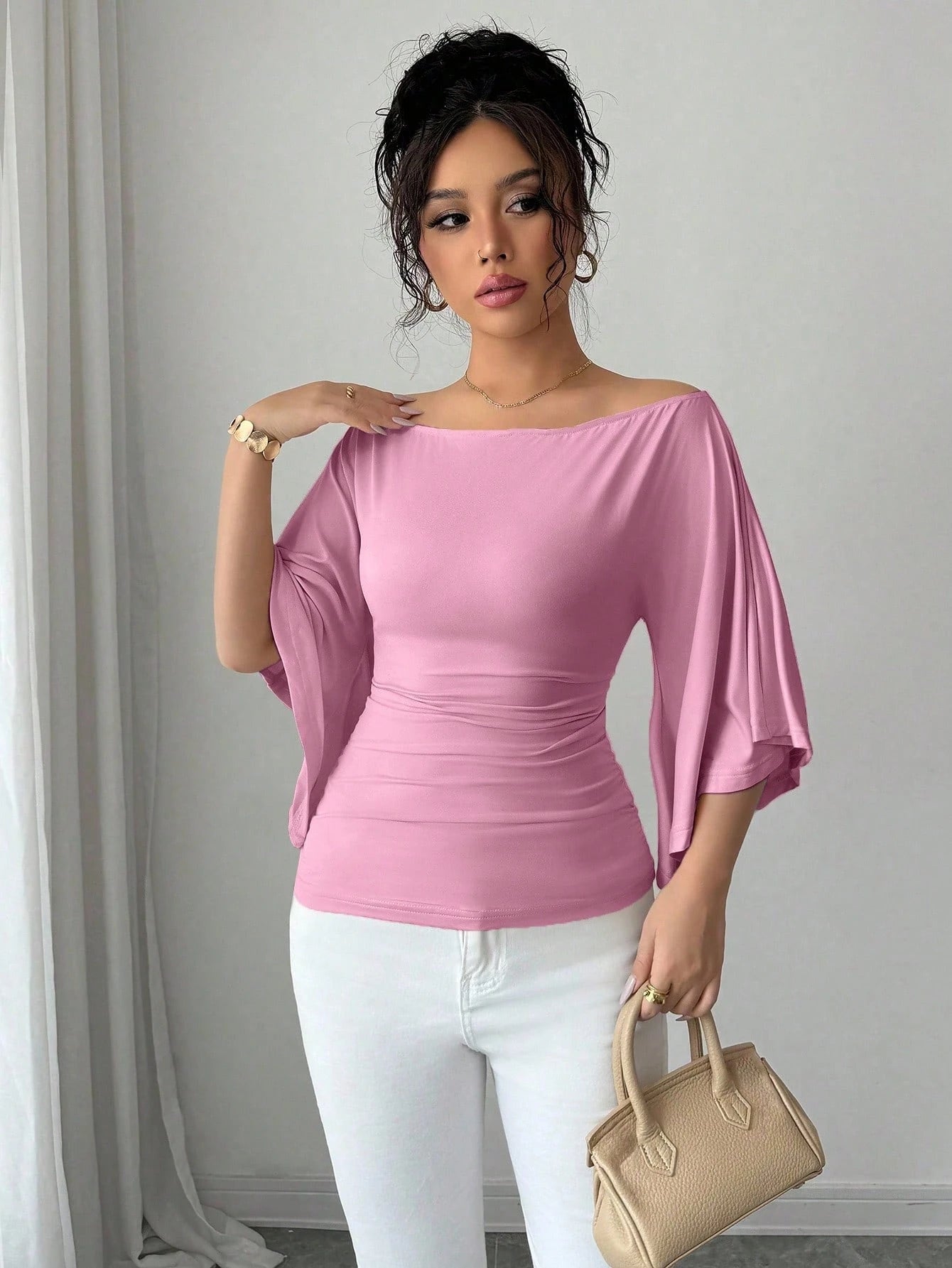 Solid Color Boat Neck Flare Sleeve Knit Fashion T-Shirt