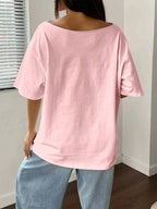 Letter Print Off-Shoulder Short Sleeve Casual Loose T-Shirt Graphic Tees