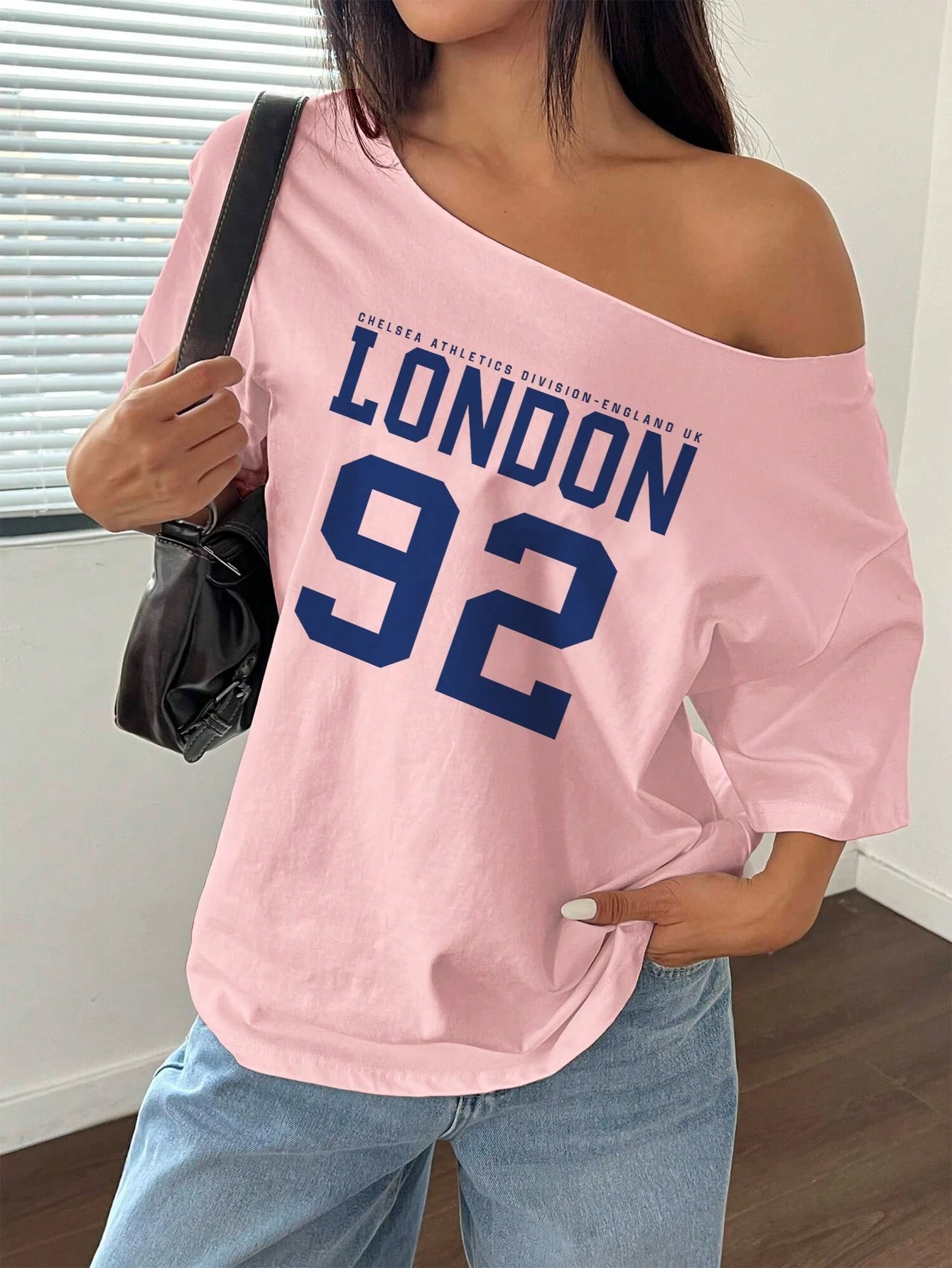 Letter Print Off-Shoulder Short Sleeve Casual Loose T-Shirt Graphic Tees