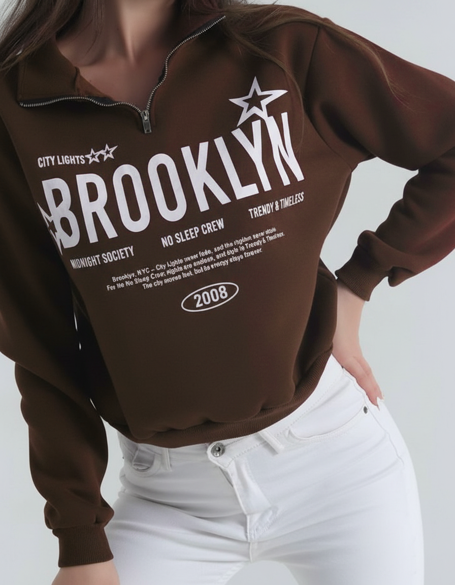 Half Zip Drop Shoulder "BROOKLYN" Letter Print Oversized Sweatshirt, Long Sleeve