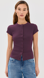 Ribbed Knit Cardigan - Stylish Solid Color T-Shirt with Full-Button Front and Ribbed Detailing, Perfect for Casual Wear