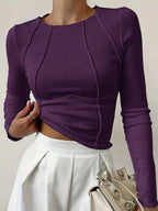 Solid Color Split Half-Length Long-Sleeved Round Neck New Women's Top