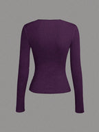 Solid Color Split Half-Length Long-Sleeved Round Neck New Women's Top
