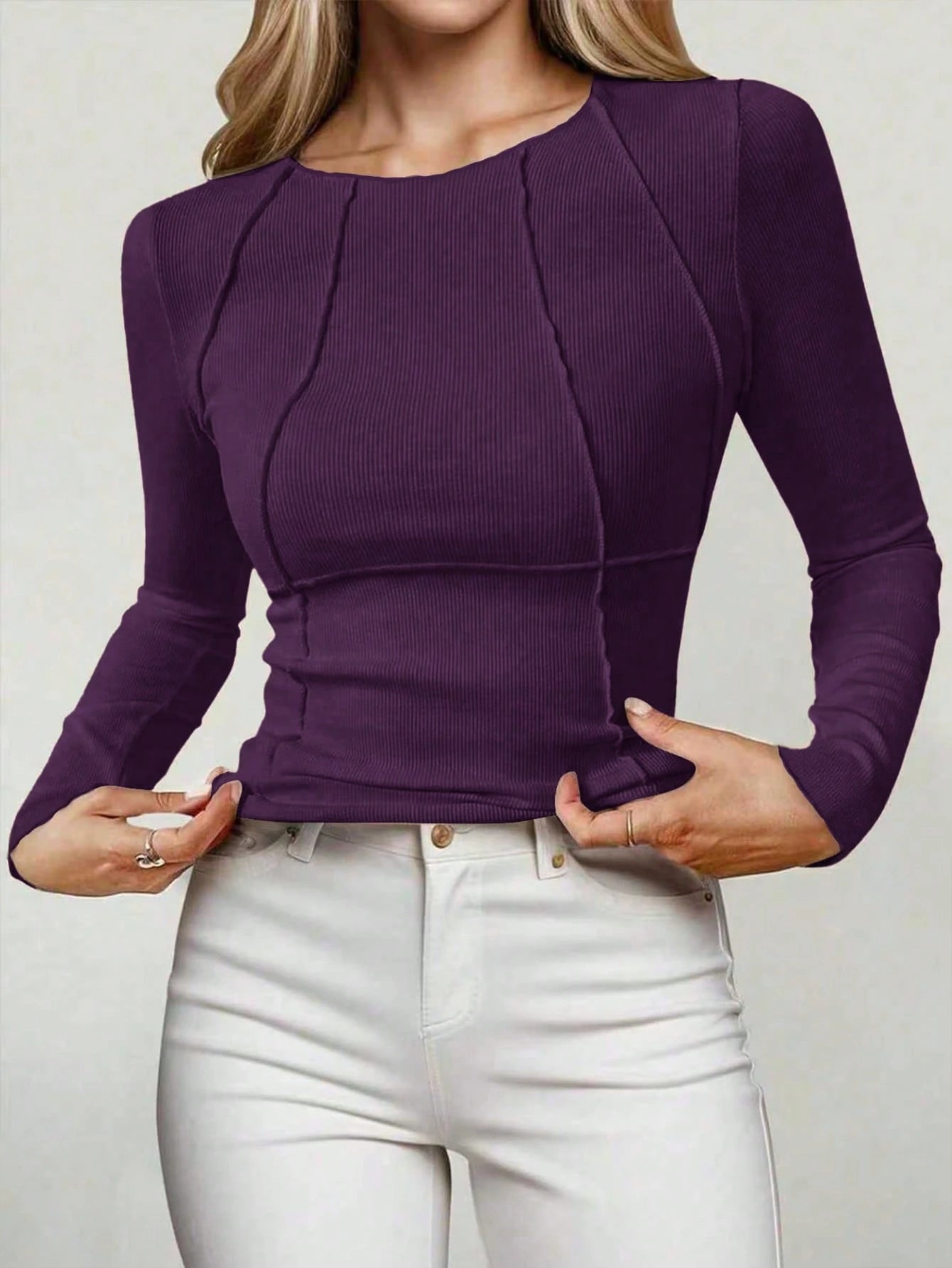 Solid Color Split Half-Length Long-Sleeved Round Neck New Women's Top