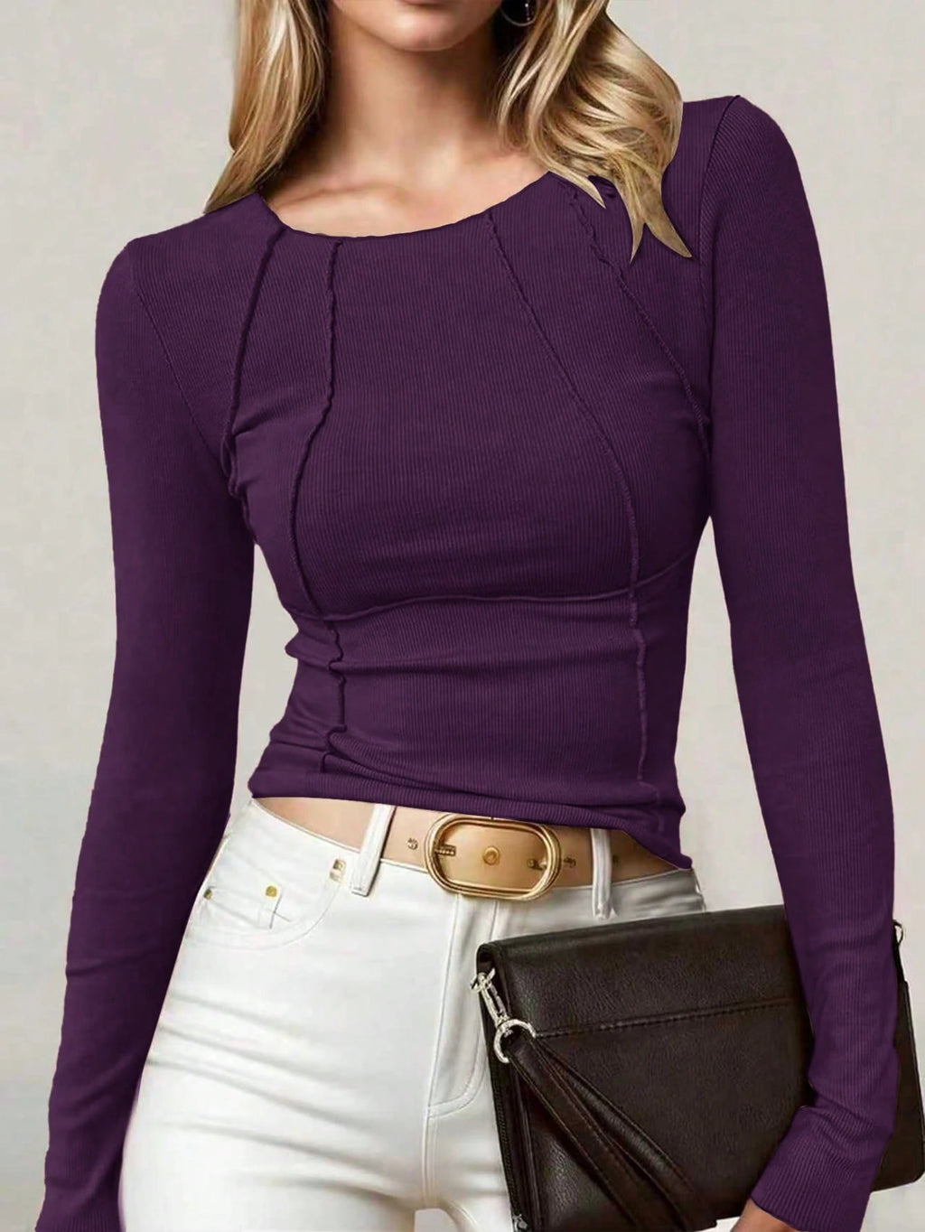 Solid Color Split Half-Length Long-Sleeved Round Neck New Women's Top