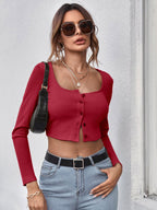 Neck Button Placket Rib-knit Tee