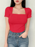 Women's Solid Color Swan Collar Short Sleeve T-Shirt