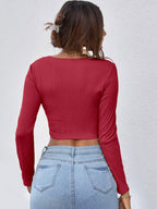 Neck Button Placket Rib-knit Tee