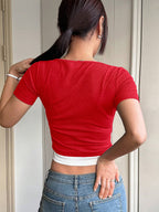Color Block Fake Two Pieces Slim Fit Short Sleeve T-Shirt