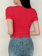 Women's Solid Color Swan Collar Short Sleeve T-Shirt