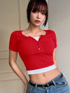 Color Block Fake Two Pieces Slim Fit Short Sleeve T-Shirt