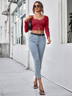 Neck Button Placket Rib-knit Tee