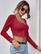 Neck Button Placket Rib-knit Tee
