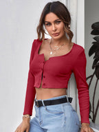 Neck Button Placket Rib-knit Tee