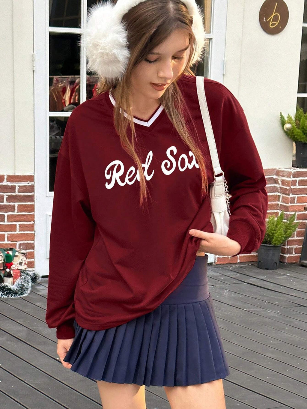 Letter Print V-Neck Drop Shoulder Long Sleeve Casual T-Shirt, Autumn