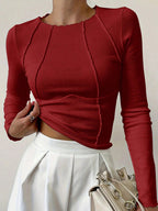 Solid Color Split Half-Length Long-Sleeved Round Neck New Women's Top