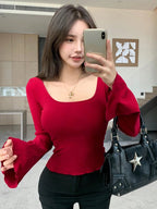 Square Neck Flare Sleeve Slim Fit Women T-Shirt
