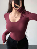 Solid Color Ribbed Slim Fit Long Sleeve T-Shirt