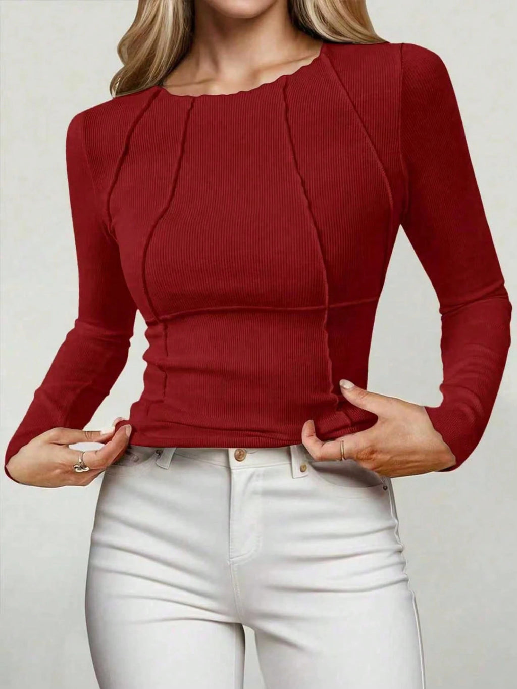Solid Color Split Half-Length Long-Sleeved Round Neck New Women's Top