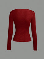 Solid Color Split Half-Length Long-Sleeved Round Neck New Women's Top
