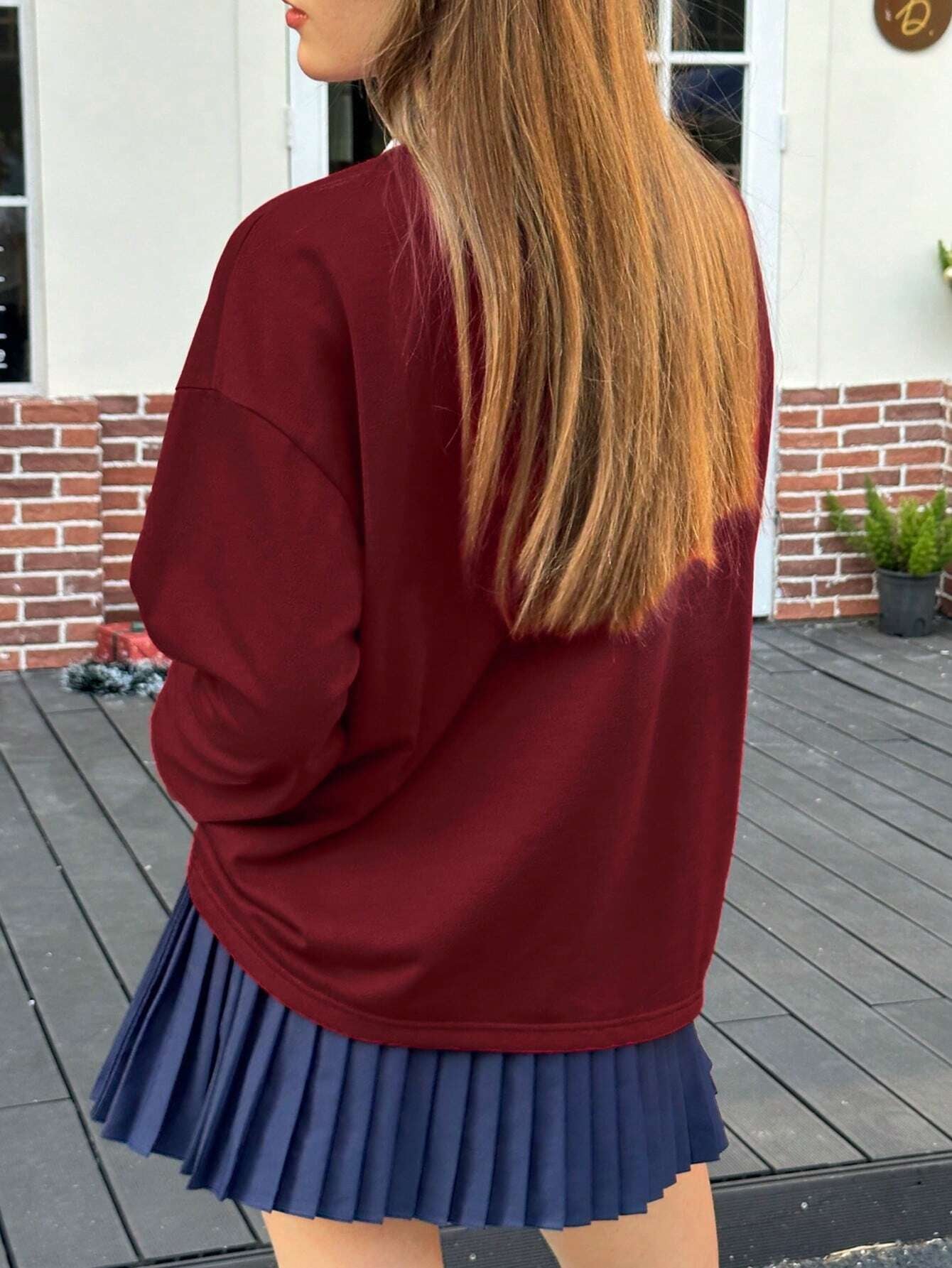 Letter Print V-Neck Drop Shoulder Long Sleeve Casual T-Shirt, Autumn