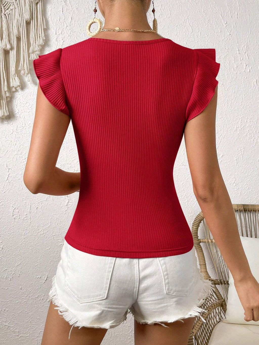 Solid Color Ribbed Knit Cap Sleeve Tee