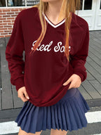 Letter Print V-Neck Drop Shoulder Long Sleeve Casual T-Shirt, Autumn