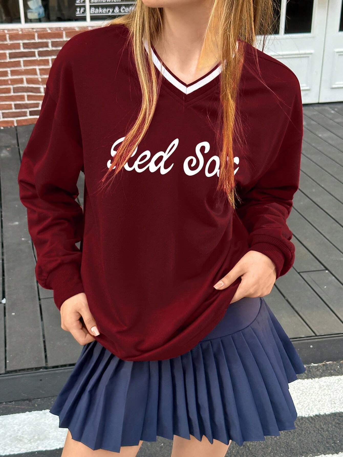 Letter Print V-Neck Drop Shoulder Long Sleeve Casual T-Shirt, Autumn