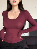 Solid Color Ribbed Slim Fit Long Sleeve T-Shirt