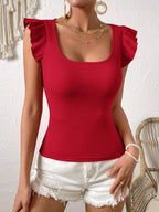 Solid Color Ribbed Knit Cap Sleeve Tee