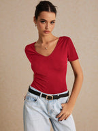 Solid Black Backless Short Sleeve Tee, Effortless Chic Essential, Summer Top