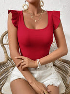 Solid Color Ribbed Knit Cap Sleeve Tee